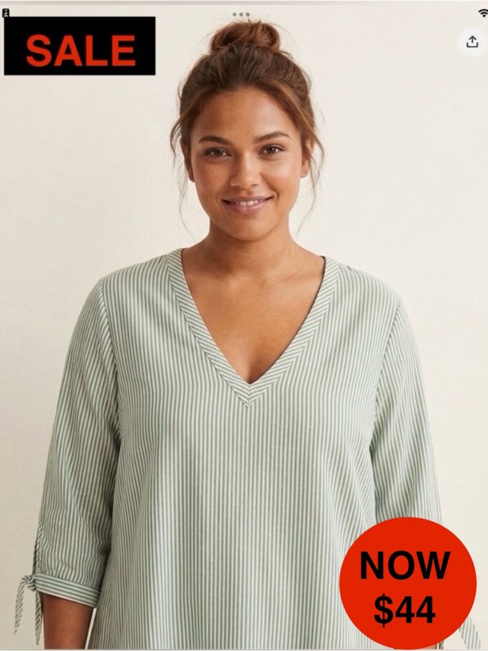 H&M L.O.G.G. Green Striped Tunic Top Tie 3/4 Sleeve Size 6